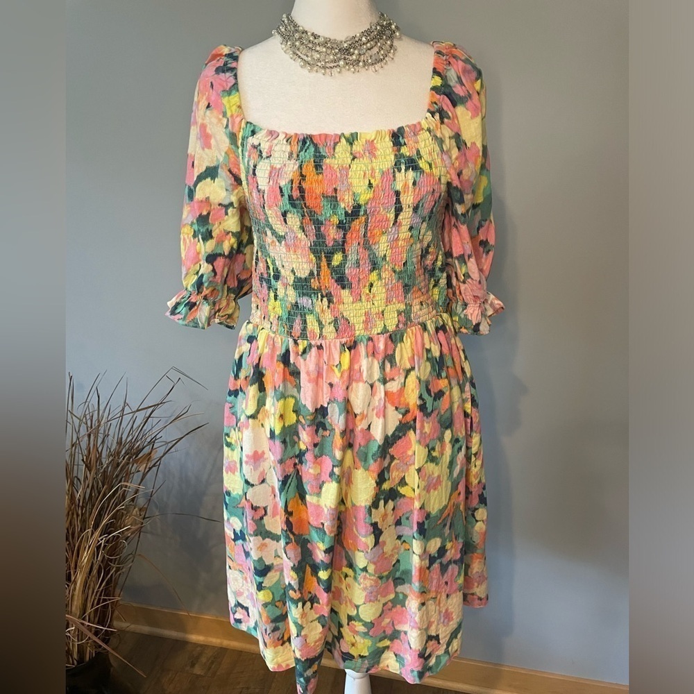 GAP Linen Floral Smocked Puff Sleeve Dress Square Neck Cottagecore SZ LG Tall